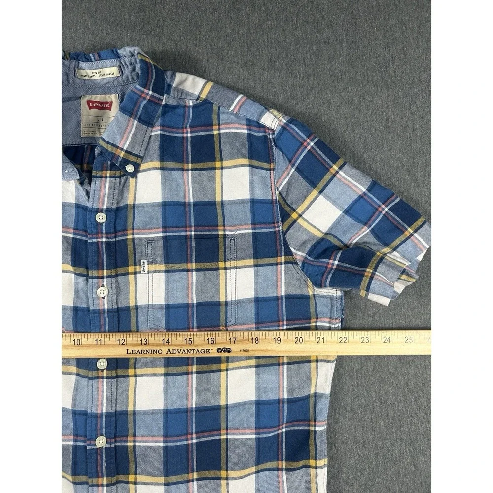 Levi's Men's‎ Slim Fit Short Sleeve Plaid Button Down Shirt Blue Yellow Large